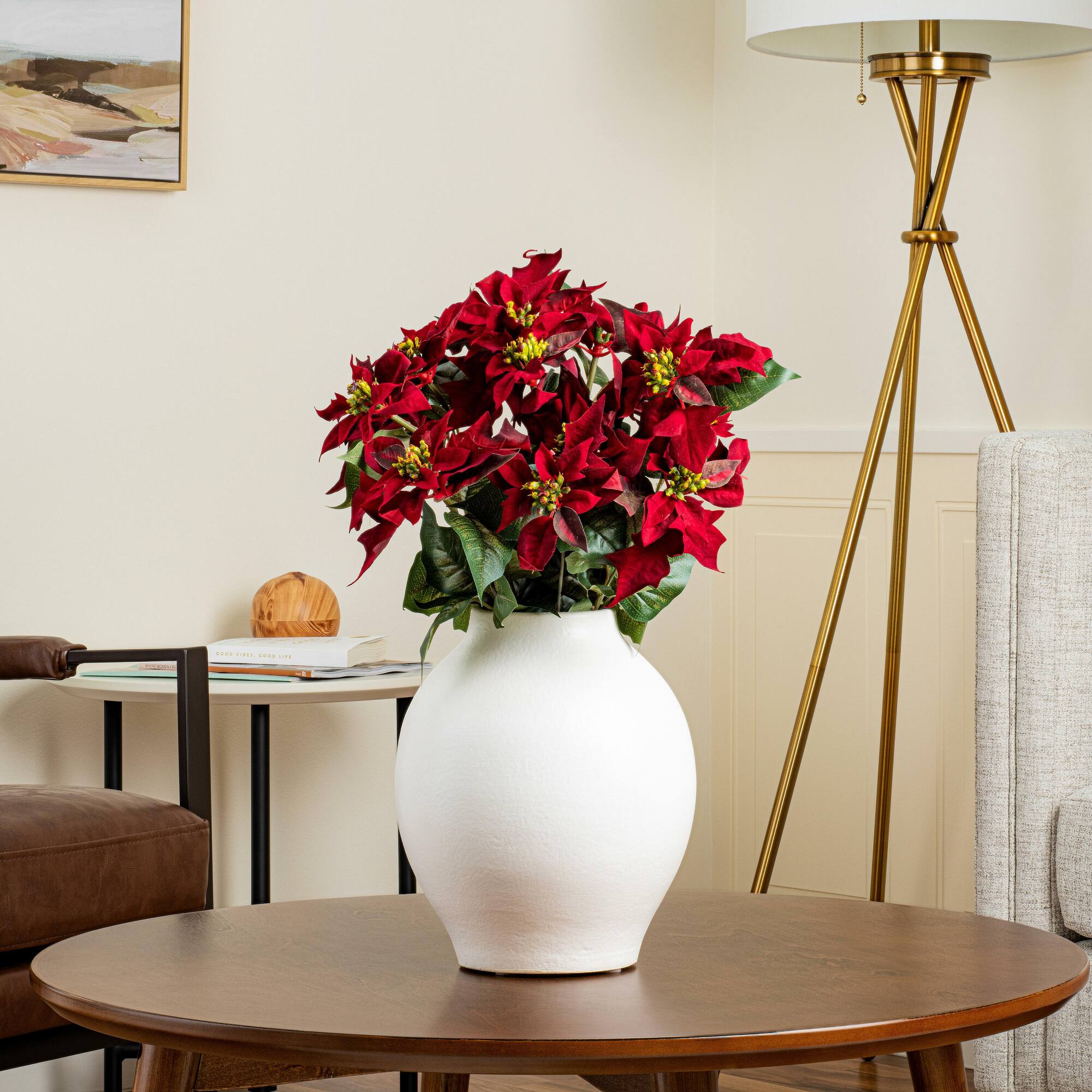 18" Red Poinsettia and Leaf Bush